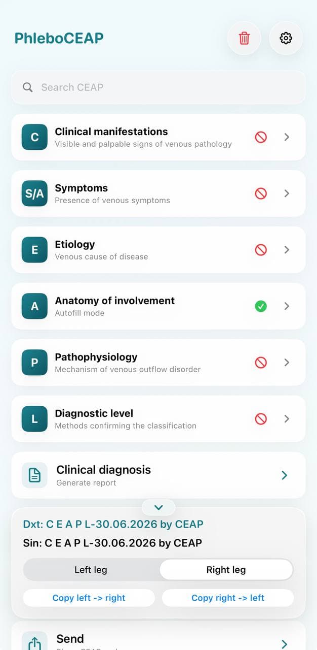 PhleboCEAP homepage showing CEAP iOS implementation with clinical sections